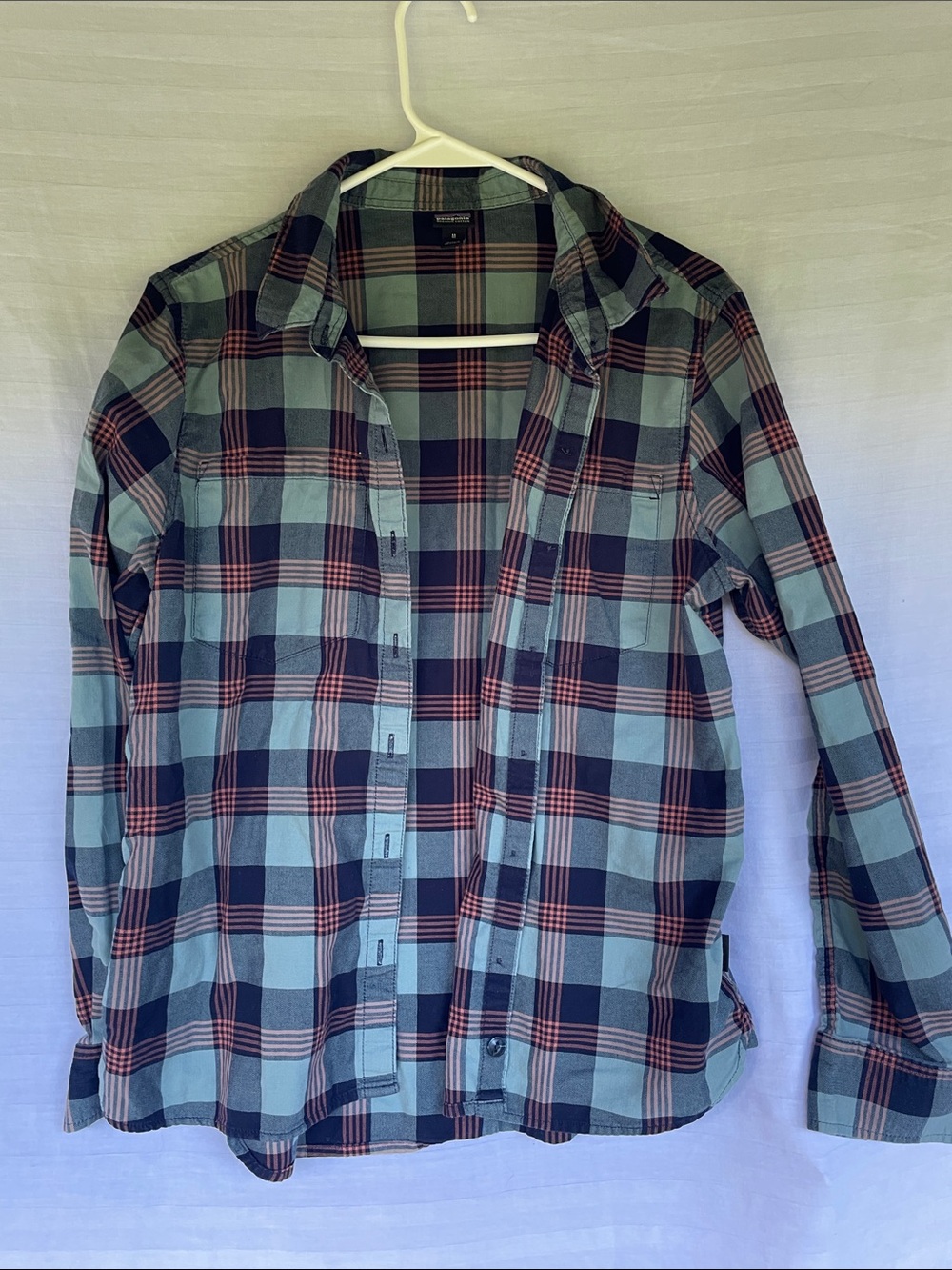Patagonia Women’s Plaid Button-Down Shirt in Teal, Navy and Rust